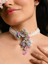 Pearl Necklace With Colourful Crystal Flower Bunch Pendant